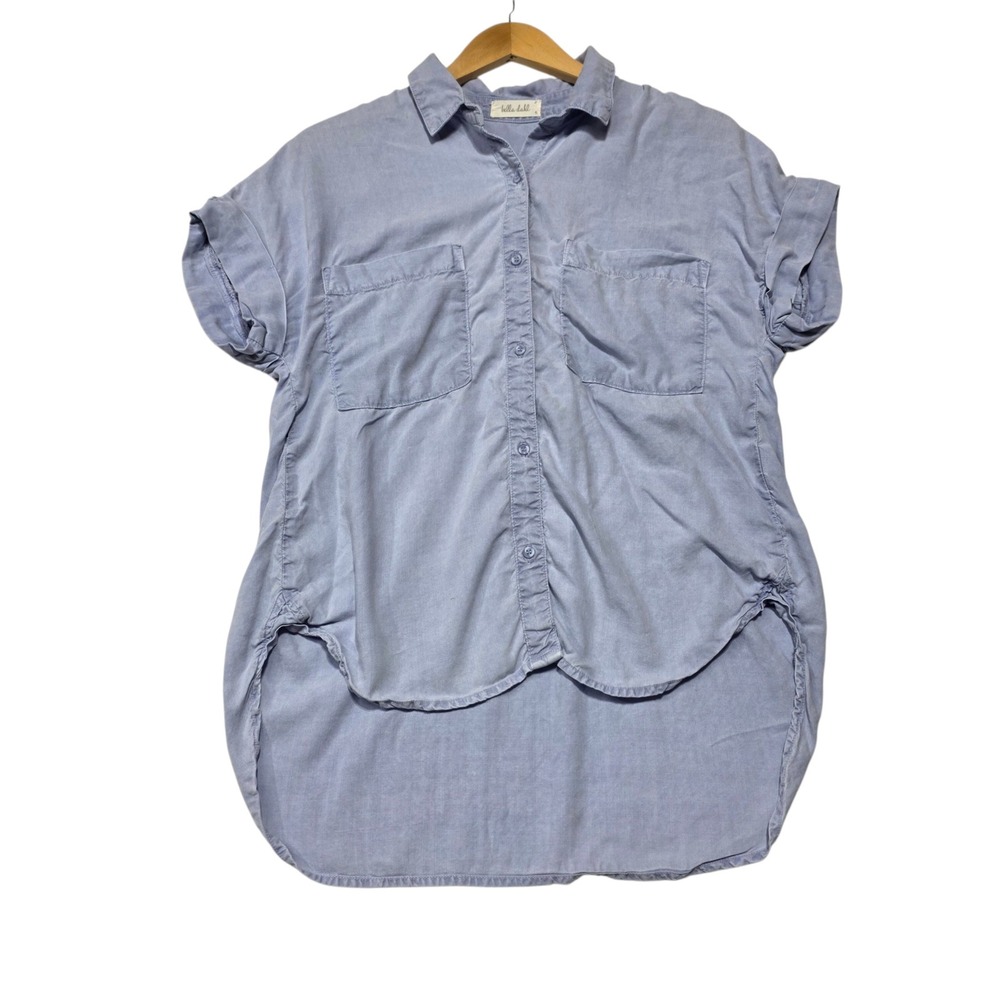 Bella Dahl Button Down Shirt Womens Small Blue Tencel High Low Pocket Cap Sleeve